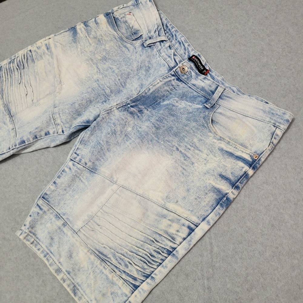 Southpole Men's Slim 38 Light Blue Acid Wash Moto Stretch Denim Shorts